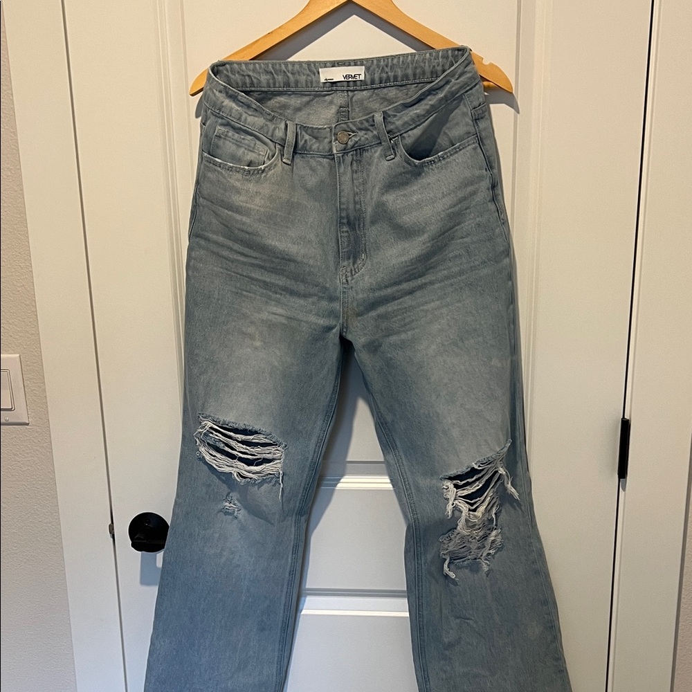 Women's Light Blue Distressed Flare Jeans